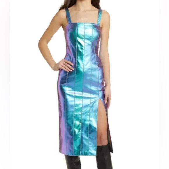NWT Somethingnew Revolve metallic Iridescent Heather midi faux leather dress L - Picture 1 of 9